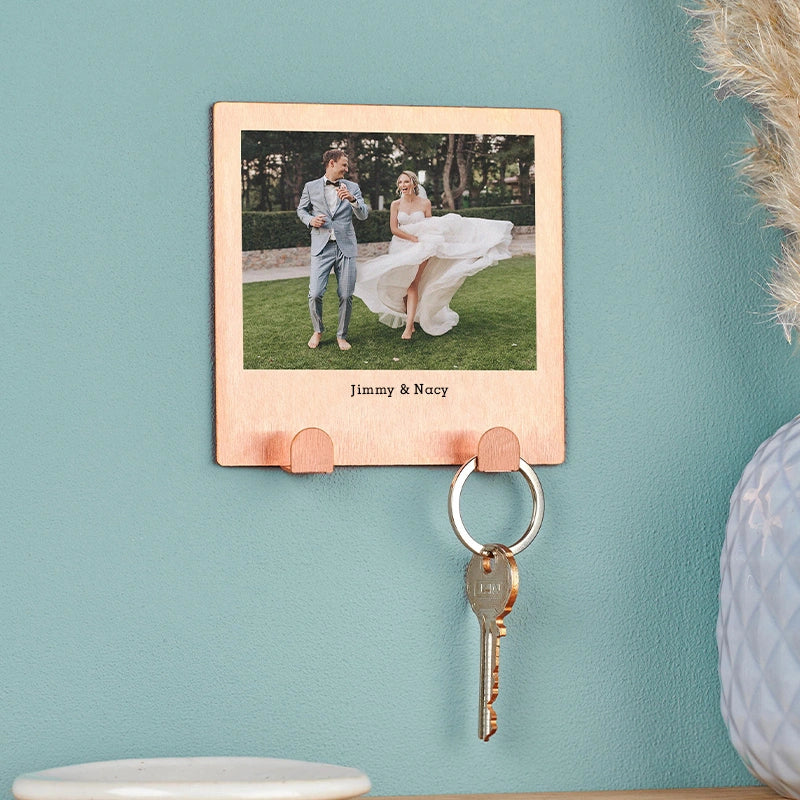 Personalised Stainless Steel Couples Photo Key Hook – Custom Photo Key Holder with Adhesive Wall Mount
