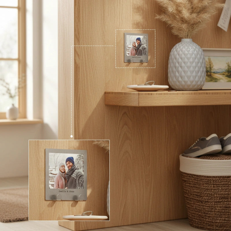 Personalised Stainless Steel Couples Photo Key Hook – Custom Photo Key Holder with Adhesive Wall Mount