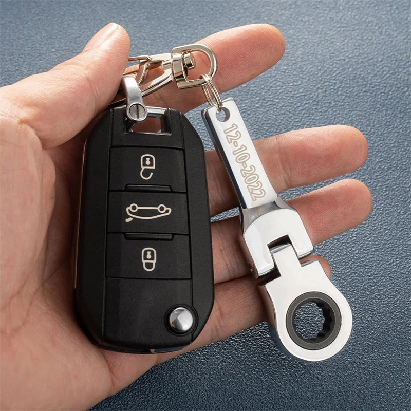 Personalized 10mm Ratchet Wrench Keychain – Engraved Mini Flex Head Tool Keyring for Mechanics & DIY