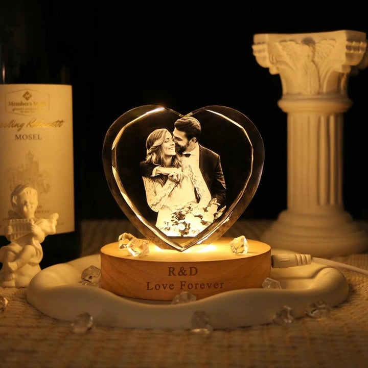 Personalized 3D Heart Crystal Photo with LED Light – Custom Engraved Crystal Portrait Gift for Anniversary, Christmas, Wedding & Couples