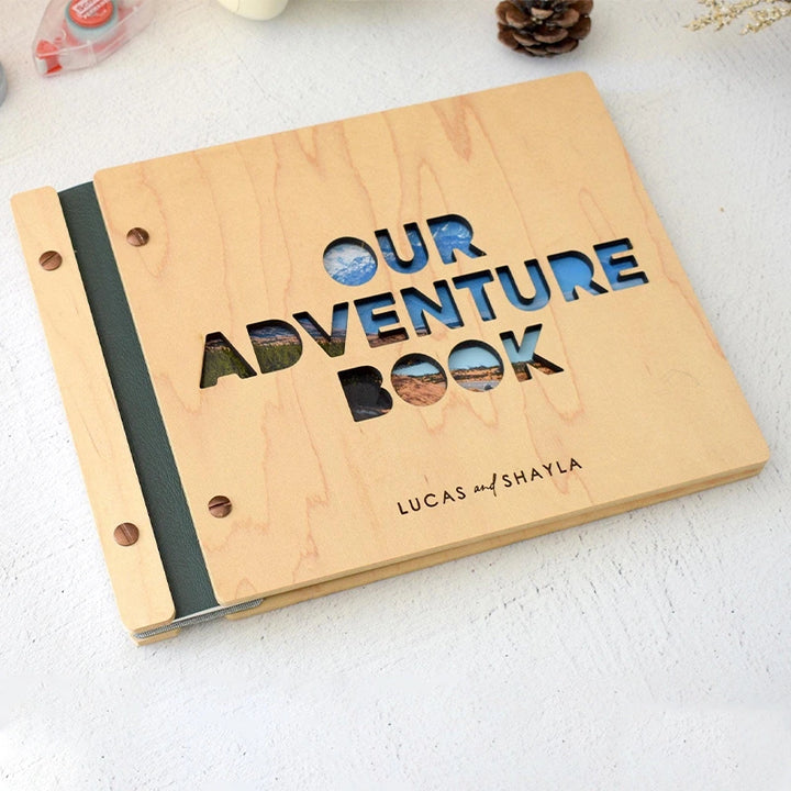 Personalized Adventure Book Scrapbook – Custom Wooden Memory Album | Valentines Gift for Him or Her, Anniversary Travel Scrapbook, Couples Gift