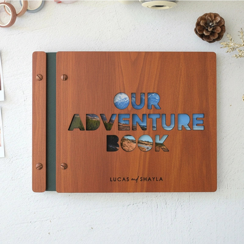 Personalized Adventure Book Scrapbook – Custom Wooden Memory Album | Valentines Gift for Him or Her, Anniversary Travel Scrapbook, Couples Gift