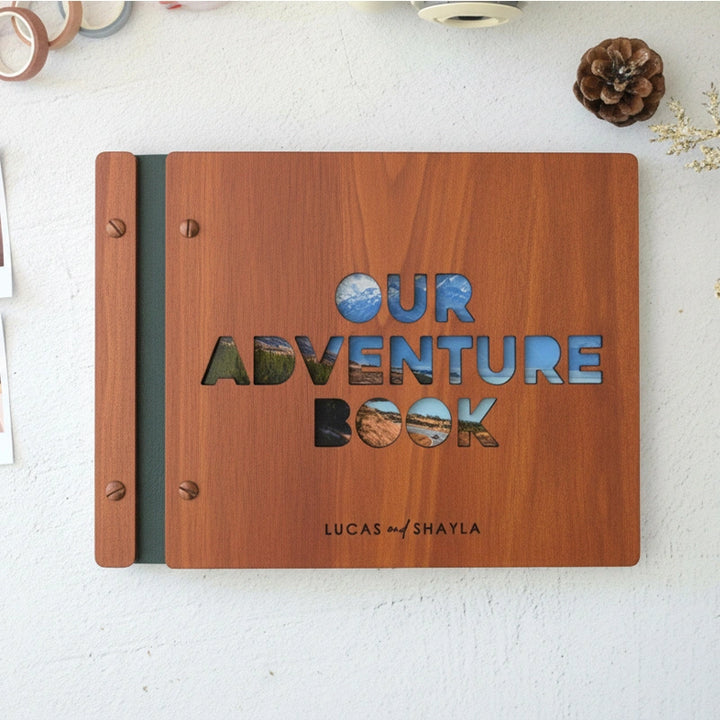 Personalized Adventure Book Scrapbook – Custom Wooden Memory Album | Valentines Gift for Him or Her, Anniversary Travel Scrapbook, Couples Gift