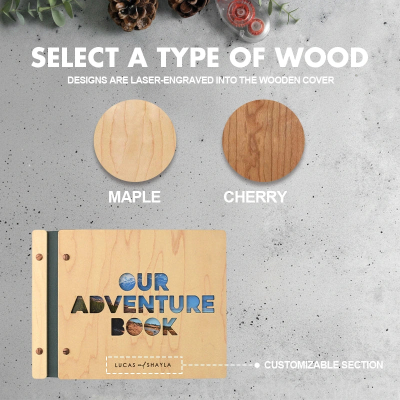 Personalized Adventure Book Scrapbook – Custom Wooden Memory Album | Valentines Gift for Him or Her, Anniversary Travel Scrapbook, Couples Gift