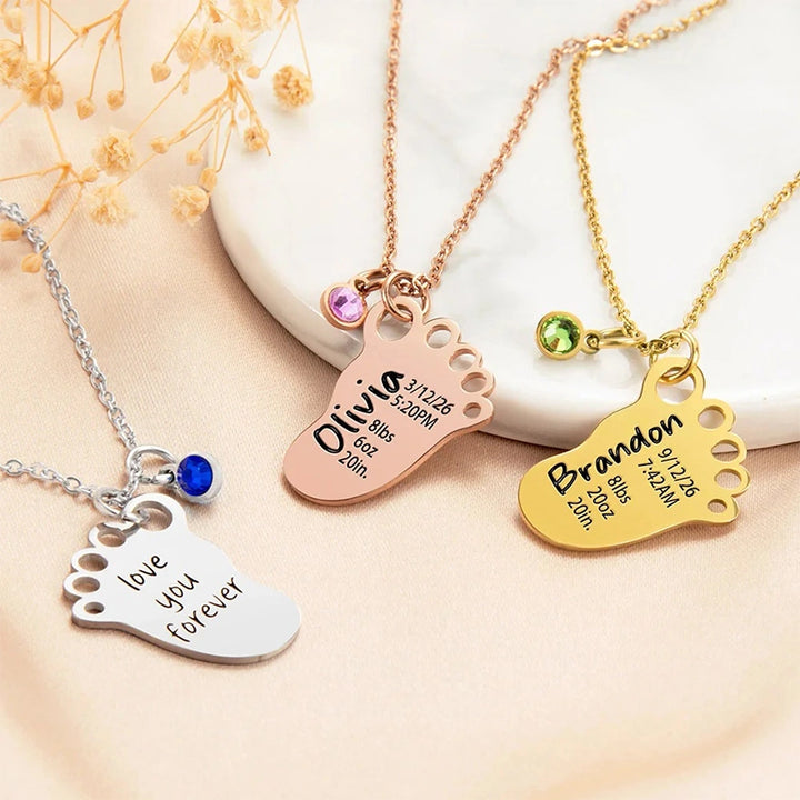 Personalized Baby Foot Necklace with Birthstone – Custom Birth Details Pendant for Mom | Mother’s Day Gift for New Mom