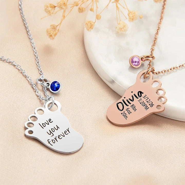 Personalized Baby Foot Necklace with Birthstone – Custom Birth Details Pendant for Mom | Mother’s Day Gift for New Mom