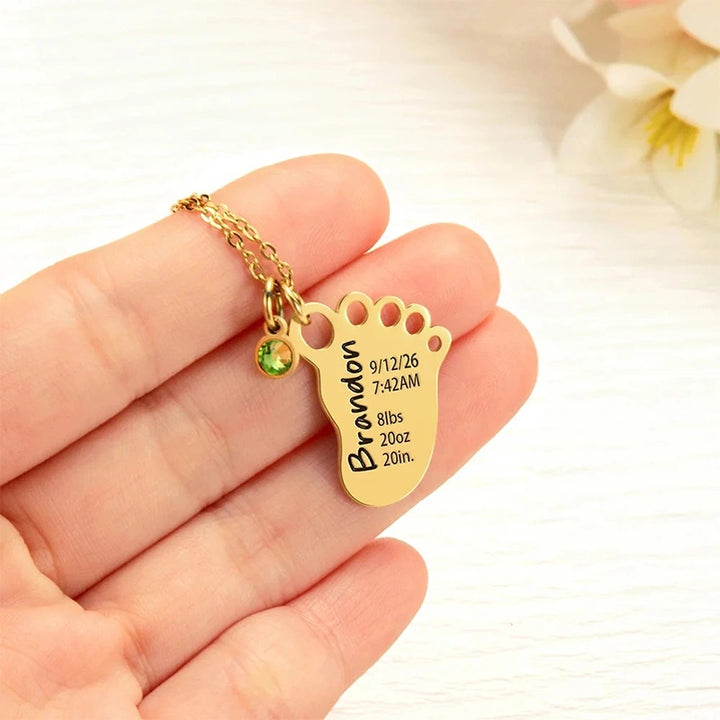 Personalized Baby Foot Necklace with Birthstone – Custom Birth Details Pendant for Mom | Mother’s Day Gift for New Mom