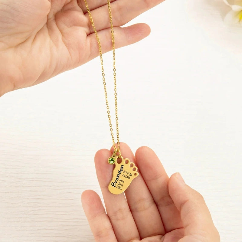 Personalized Baby Foot Necklace with Birthstone – Custom Birth Details Pendant for Mom | Mother’s Day Gift for New Mom