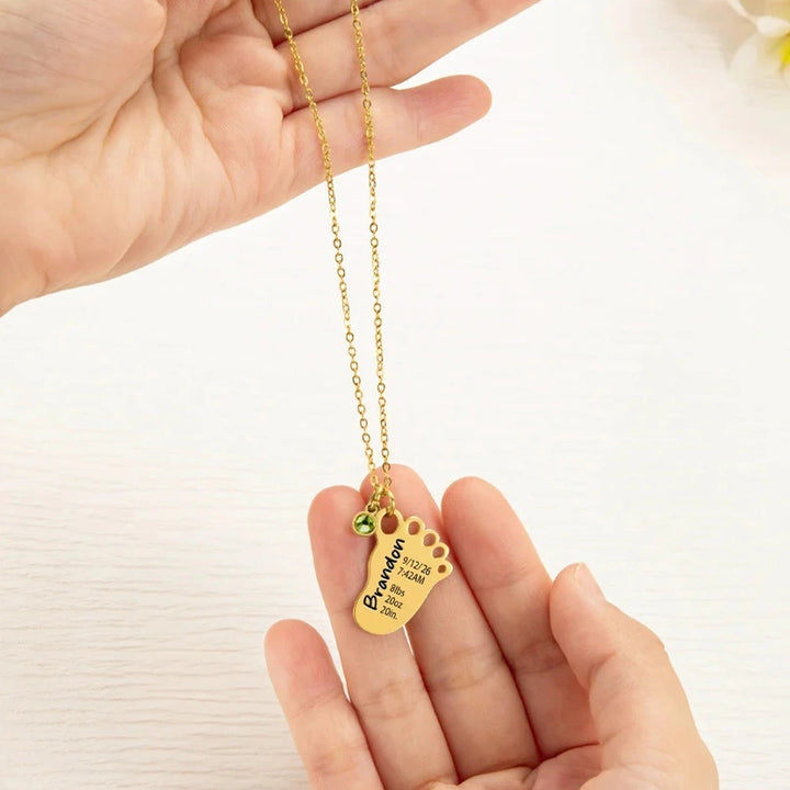 Personalized Baby Foot Necklace with Birthstone – Custom Birth Details Pendant for Mom | Mother’s Day Gift for New Mom