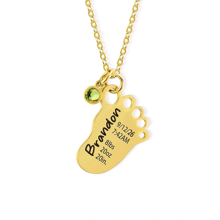 Personalized Baby Foot Necklace with Birthstone – Custom Birth Details Pendant for Mom | Mother’s Day Gift for New Mom
