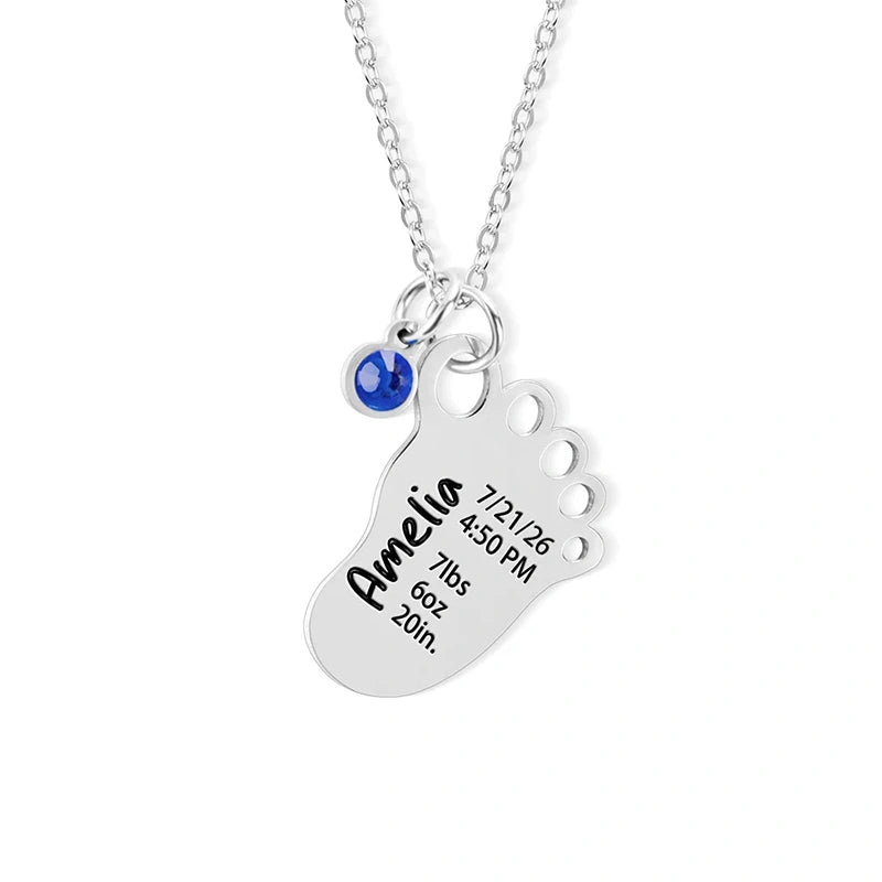 Personalized Baby Foot Necklace with Birthstone – Custom Birth Details Pendant for Mom | Mother’s Day Gift for New Mom