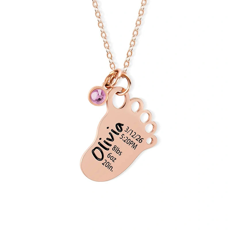 Personalized Baby Foot Necklace with Birthstone – Custom Birth Details Pendant for Mom | Mother’s Day Gift for New Mom