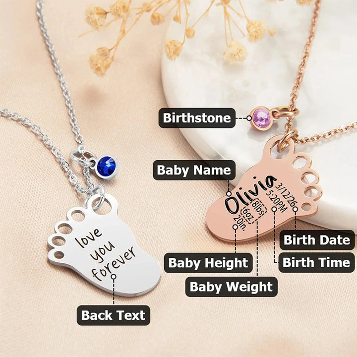 Personalized Baby Foot Necklace with Birthstone – Custom Birth Details Pendant for Mom | Mother’s Day Gift for New Mom