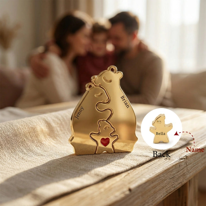 Personalized Bear Family Necklace – Custom Mom Necklace with Kids Names, Engraved Heart Pendant Gift