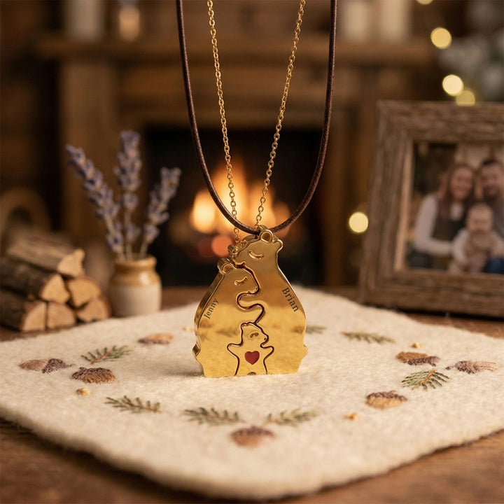 Personalized Bear Family Necklace – Custom Mom Necklace with Kids Names, Engraved Heart Pendant Gift