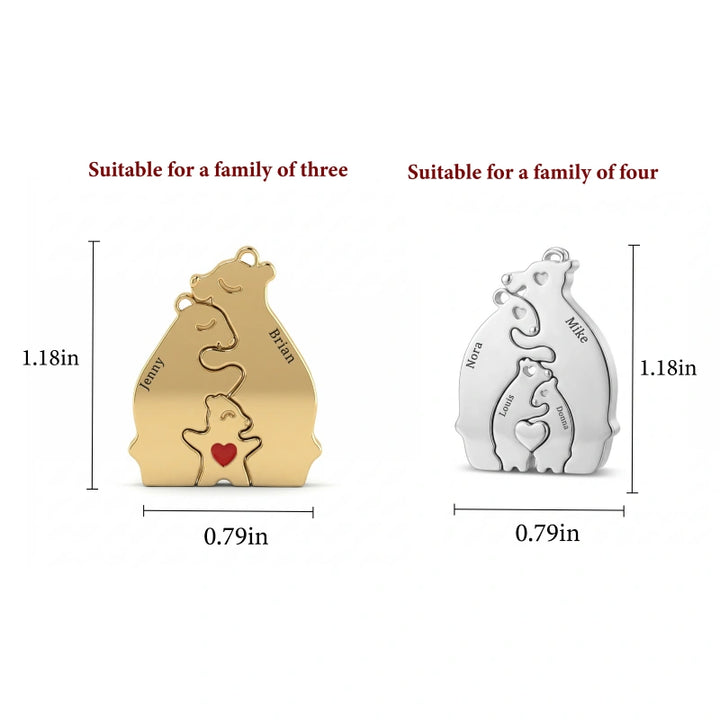 Personalized Bear Family Necklace – Custom Mom Necklace with Kids Names, Engraved Heart Pendant Gift