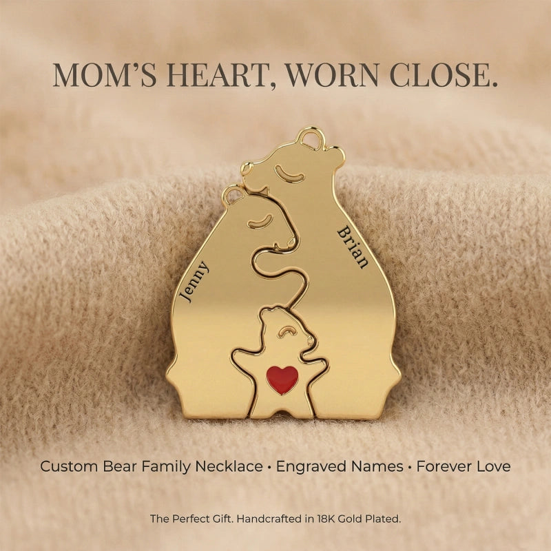 Personalized Bear Family Necklace – Custom Mom Necklace with Kids Names, Engraved Heart Pendant Gift
