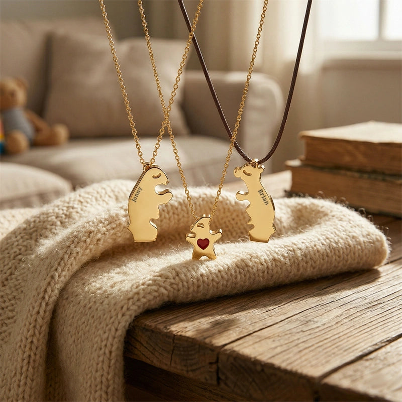 Personalized Bear Family Necklace – Custom Mom Necklace with Kids Names, Engraved Heart Pendant Gift