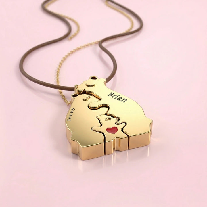 Personalized Bear Family Necklace – Custom Mom Necklace with Kids Names, Engraved Heart Pendant Gift