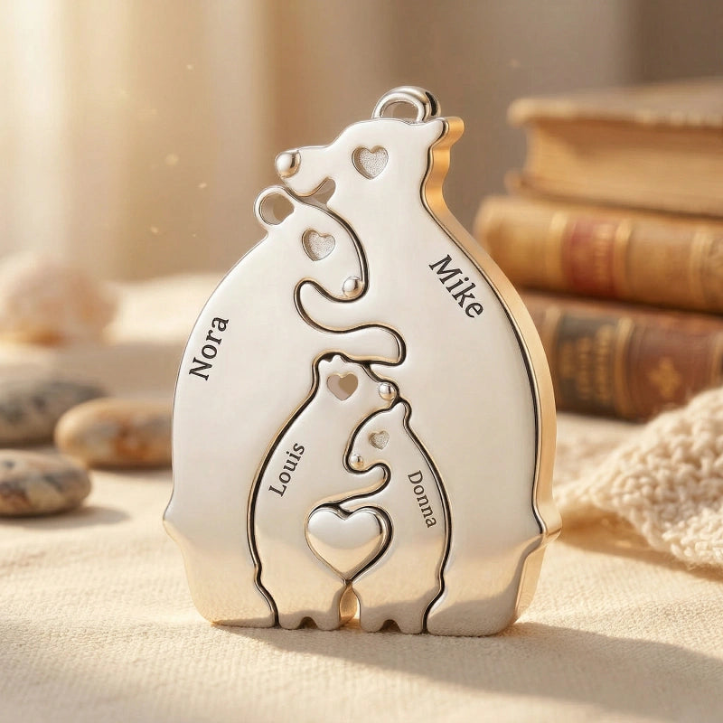 Personalized Bear Family Necklace – Custom Mom Necklace with Kids Names, Engraved Heart Pendant Gift