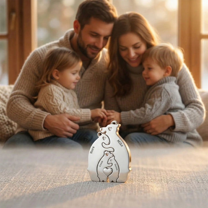 Personalized Bear Family Necklace – Custom Mom Necklace with Kids Names, Engraved Heart Pendant Gift