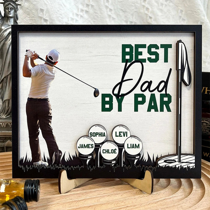 Personalized “Best Dad by Par” Wooden Photo Plaque – Custom Golf Gift with Kids’ Names