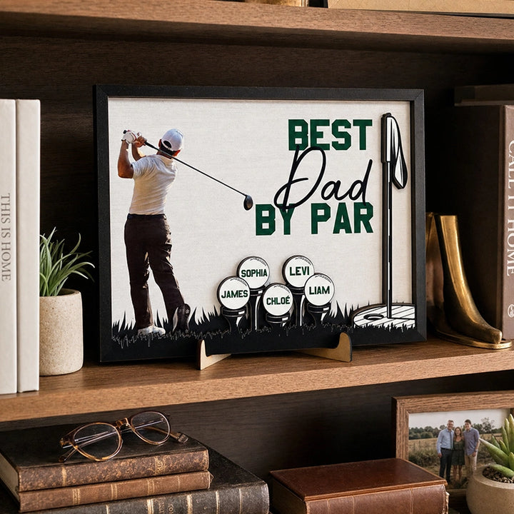Personalized “Best Dad by Par” Wooden Photo Plaque – Custom Golf Gift with Kids’ Names