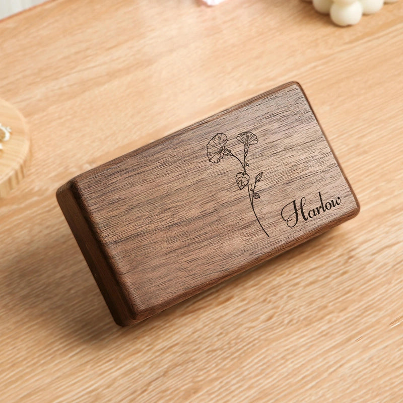 Caixa de joias personalizada em nogueira preta com a flor de nascimento – Presente personalizado para a mãe, madrinhas ou para ela.