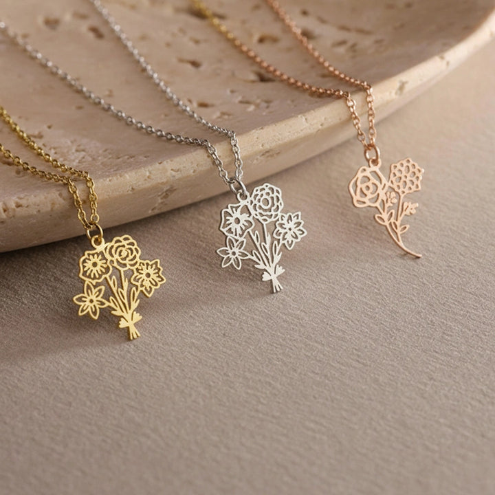 Personalized Birth Flower Bouquet Necklace – Custom Family Birth Flower Necklace for Mom