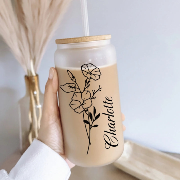 Personalized Birth Flower Tumbler  – Custom Glass Cup with Bamboo Lid & Straw, Gifts for Her, Mother’s Day, Bridesmaid Proposal, Graduation Gift