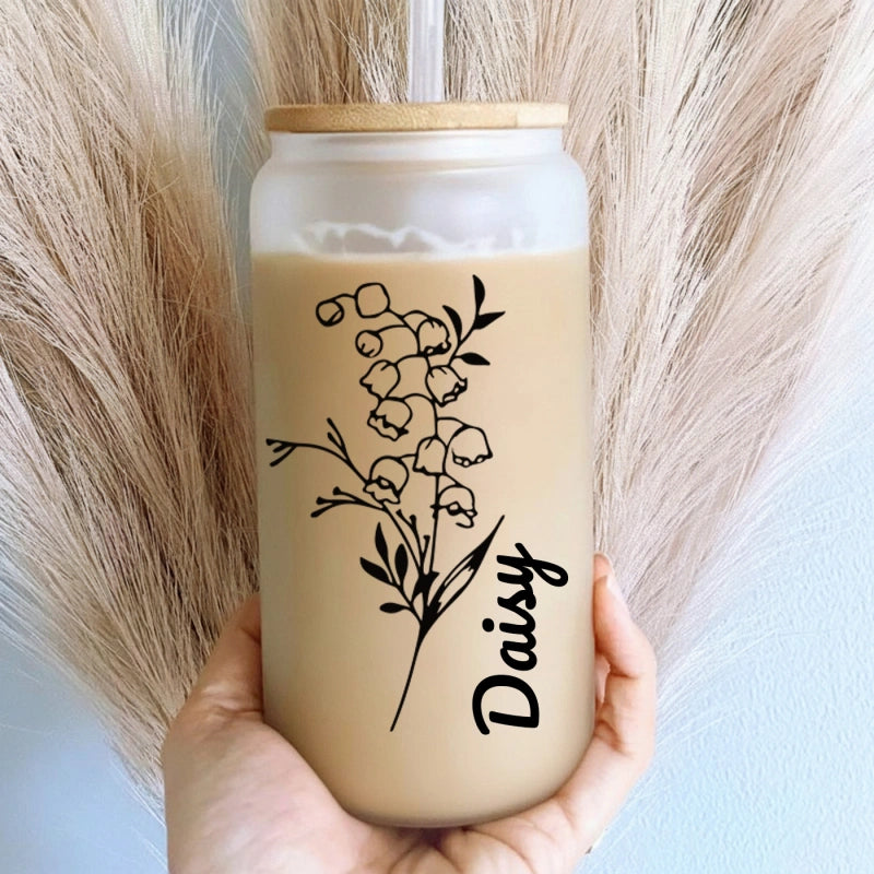 Personalized Birth Flower Tumbler  – Custom Glass Cup with Bamboo Lid & Straw, Gifts for Her, Mother’s Day, Bridesmaid Proposal, Graduation Gift