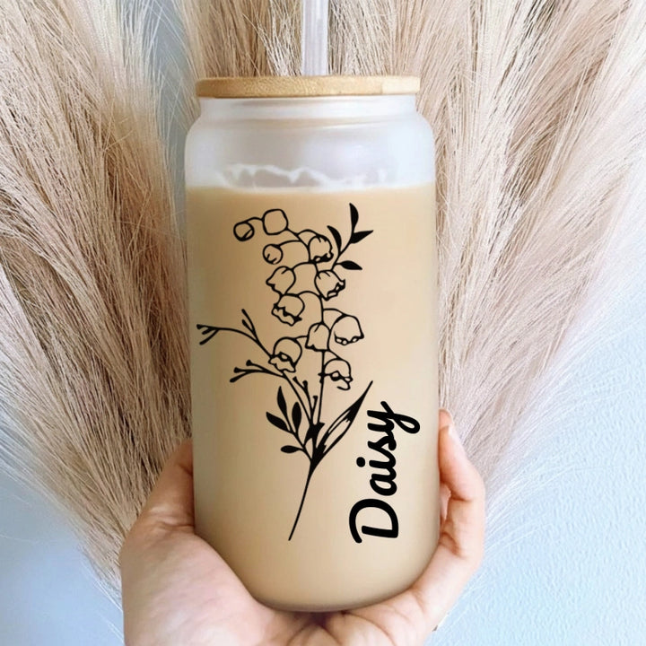 Personalized Birth Flower Tumbler  – Custom Glass Cup with Bamboo Lid & Straw, Gifts for Her, Mother’s Day, Bridesmaid Proposal, Graduation Gift