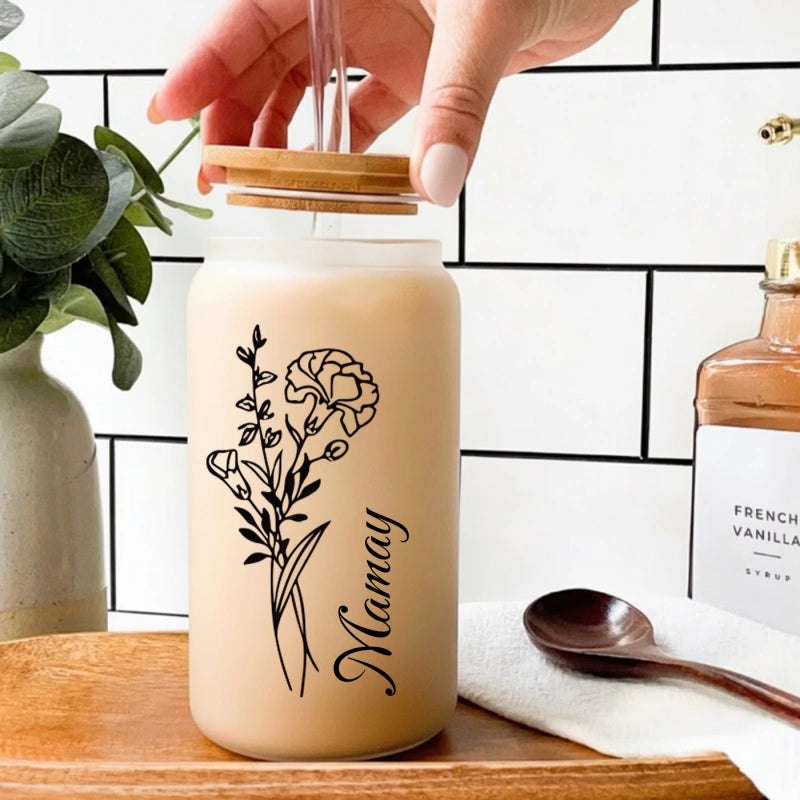 Personalized Birth Flower Tumbler  – Custom Glass Cup with Bamboo Lid & Straw, Gifts for Her, Mother’s Day, Bridesmaid Proposal, Graduation Gift