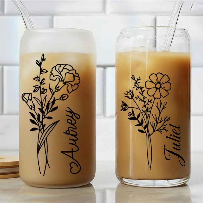Personalized Birth Flower Tumbler  – Custom Glass Cup with Bamboo Lid & Straw, Gifts for Her, Mother’s Day, Bridesmaid Proposal, Graduation Gift