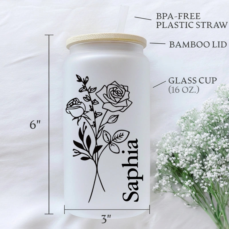 Personalized Birth Flower Tumbler  – Custom Glass Cup with Bamboo Lid & Straw, Gifts for Her, Mother’s Day, Bridesmaid Proposal, Graduation Gift