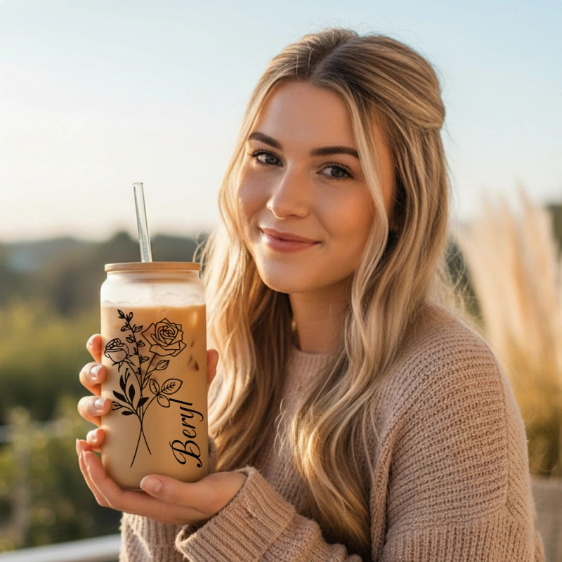 Personalized Birth Flower Tumbler  – Custom Glass Cup with Bamboo Lid & Straw, Gifts for Her, Mother’s Day, Bridesmaid Proposal, Graduation Gift