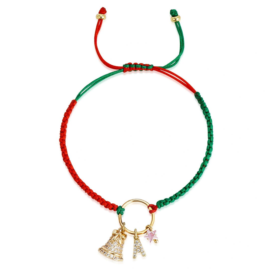 Personalized Christmas Bell Birthstone Bracelet – Custom Initial Charm, 18K Gold-Plated Woven Gift