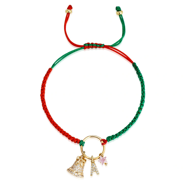 Personalized Christmas Bell Birthstone Bracelet – Custom Initial Charm, 18K Gold-Plated Woven Gift