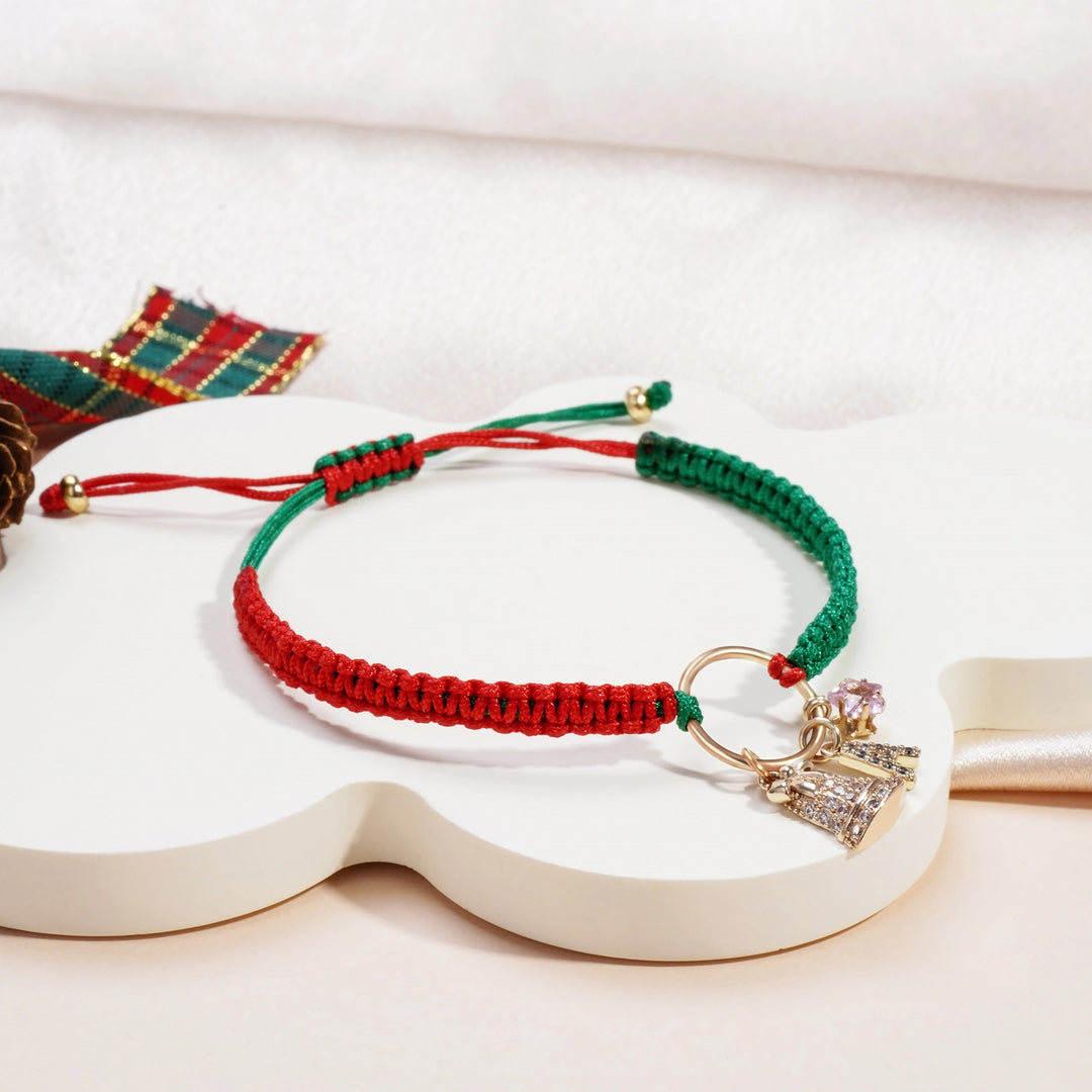 Personalized Christmas Bell Birthstone Bracelet – Custom Initial Charm, 18K Gold-Plated Woven Gift