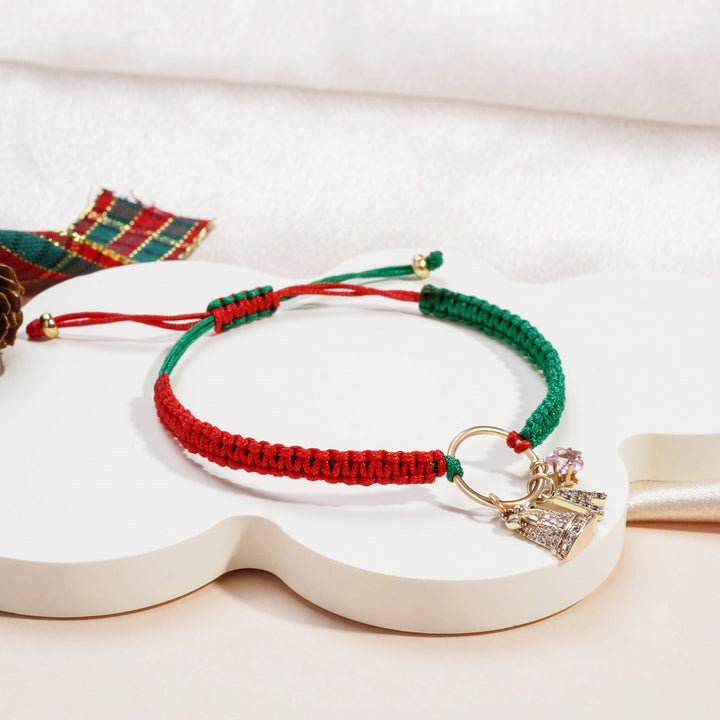 Personalized Christmas Bell Birthstone Bracelet – Custom Initial Charm, 18K Gold-Plated Woven Gift