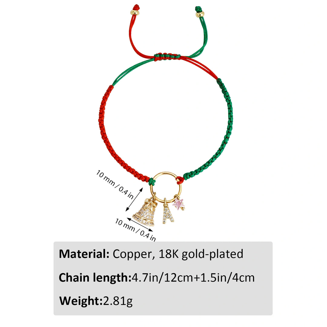Personalized Christmas Bell Birthstone Bracelet – Custom Initial Charm, 18K Gold-Plated Woven Gift