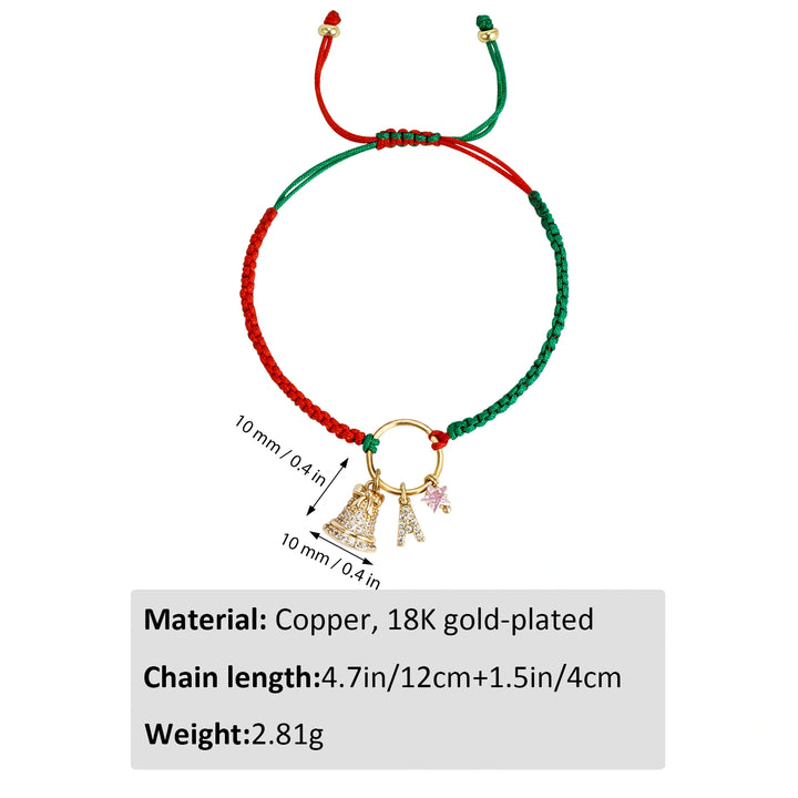 Personalized Christmas Bell Birthstone Bracelet – Custom Initial Charm, 18K Gold-Plated Woven Gift