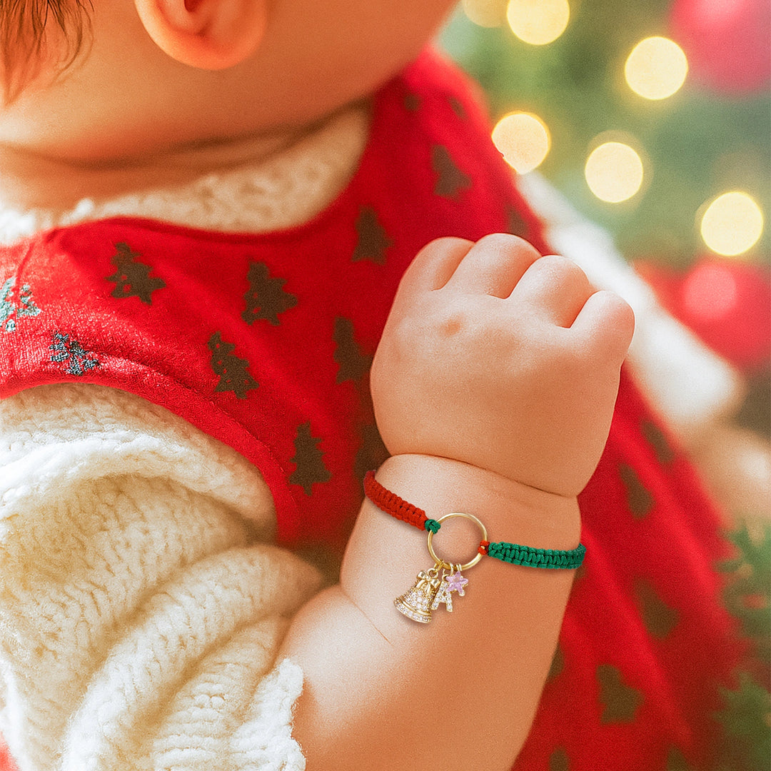 Personalized Christmas Bell Birthstone Bracelet – Custom Initial Charm, 18K Gold-Plated Woven Gift