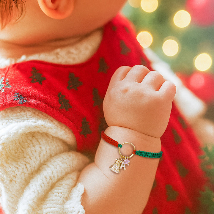 Personalized Christmas Bell Birthstone Bracelet – Custom Initial Charm, 18K Gold-Plated Woven Gift