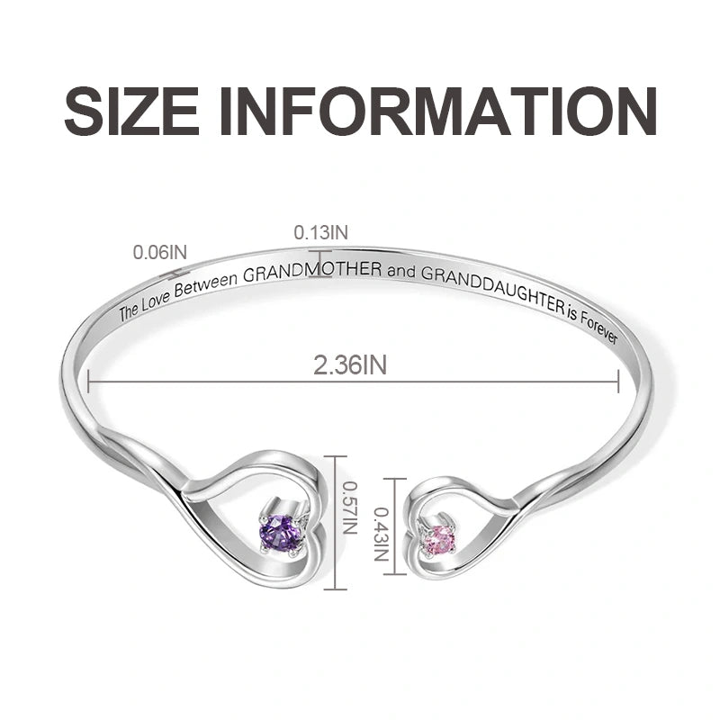 Personalized Double Heart Birthstone Bangle – Custom Engraved Bracelet for Grandma & Granddaughter | Mother’s Day Gift