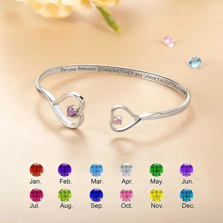 Personalized Double Heart Birthstone Bangle – Custom Engraved Bracelet for Grandma & Granddaughter | Mother’s Day Gift