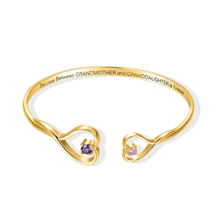 Personalized Double Heart Birthstone Bangle – Custom Engraved Bracelet for Grandma & Granddaughter | Mother’s Day Gift