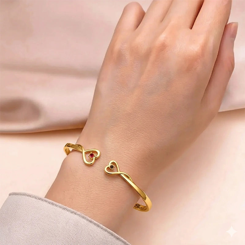 Personalized Double Heart Birthstone Bangle – Custom Engraved Bracelet for Grandma & Granddaughter | Mother’s Day Gift