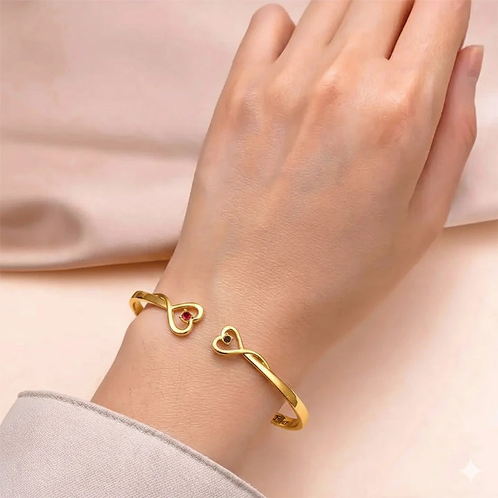 Personalized Double Heart Birthstone Bangle – Custom Engraved Bracelet for Grandma & Granddaughter | Mother’s Day Gift