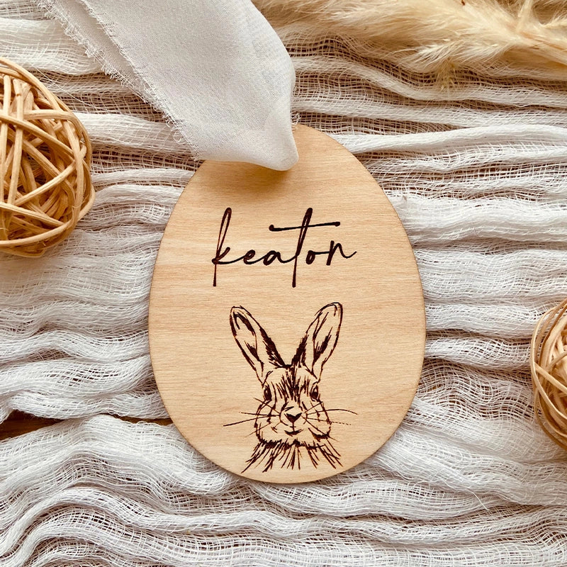Personalized Easter Basket Name Tag – Custom Wooden Bunny Easter Tag for Kids